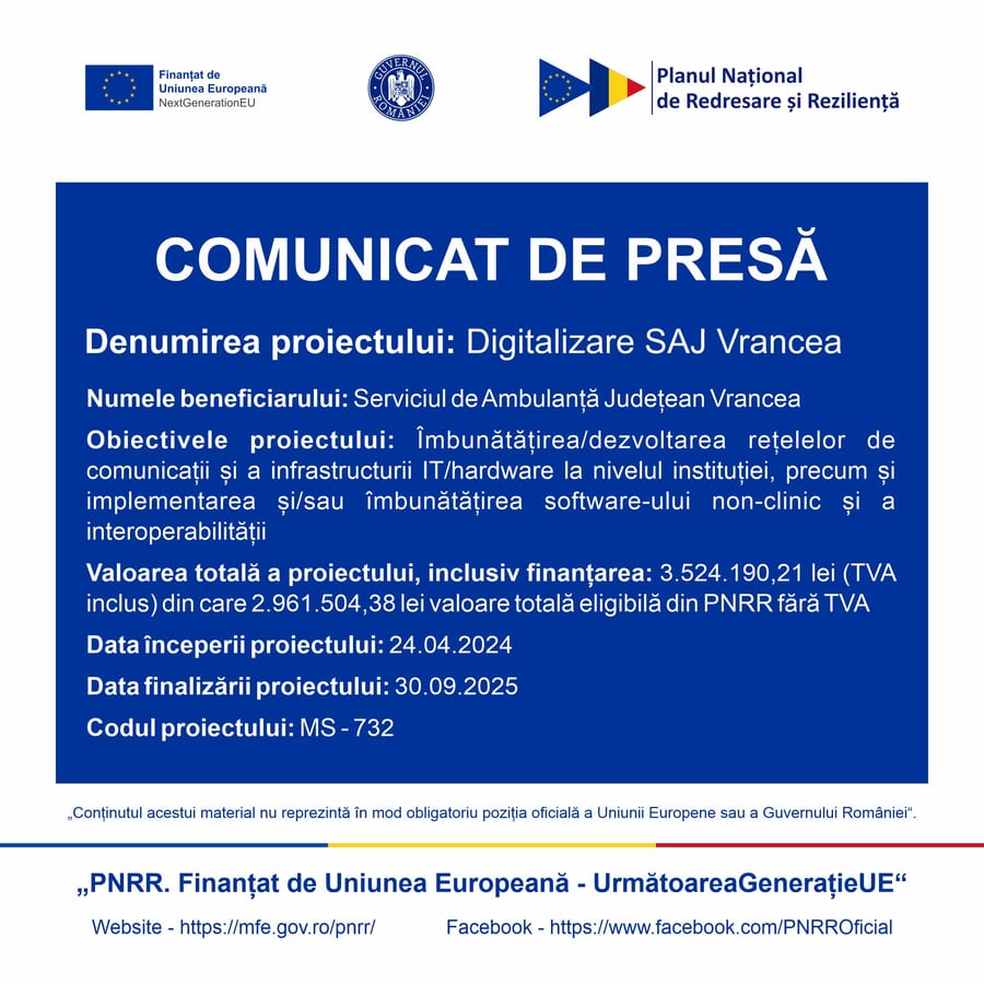 Proiect „Digitalizare SAJ Vrancea” — cod MS-732, finanțat prin PNRR