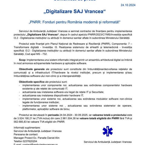 Comunicat de presă — lansarea proiectului, 24 octombrie 2024